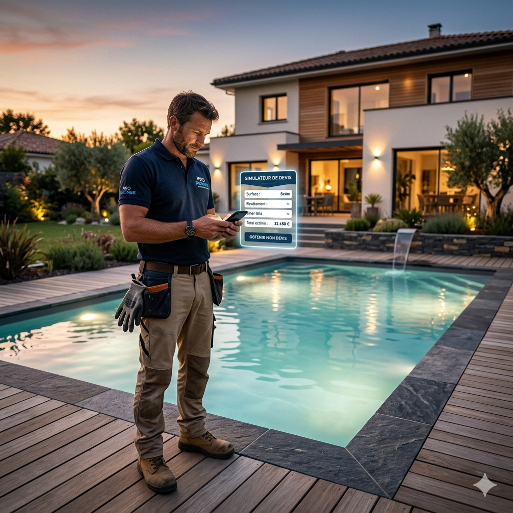 Pisciniste consultant son téléphone devant une piscine terminée